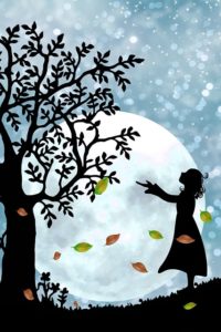 Vollmond-im-Herbst Silhouette: Mädchen im Herbst bei Vollmond