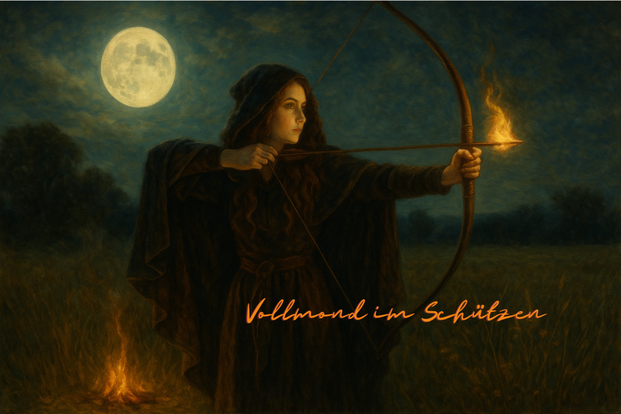 Frau mit Pfeil und Bogen zum Vollmond