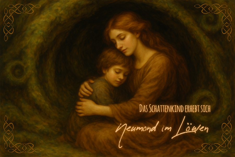 Eine Frau umarmt ihr Schattenkind in einer Höhle aus Moos